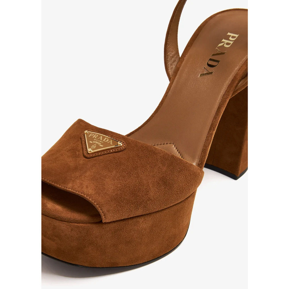 Prada 115mm Cognac Brown Suede Platform Sandal Ankle Strap Block Heel Pump 38.5 - Picture 7 of 16